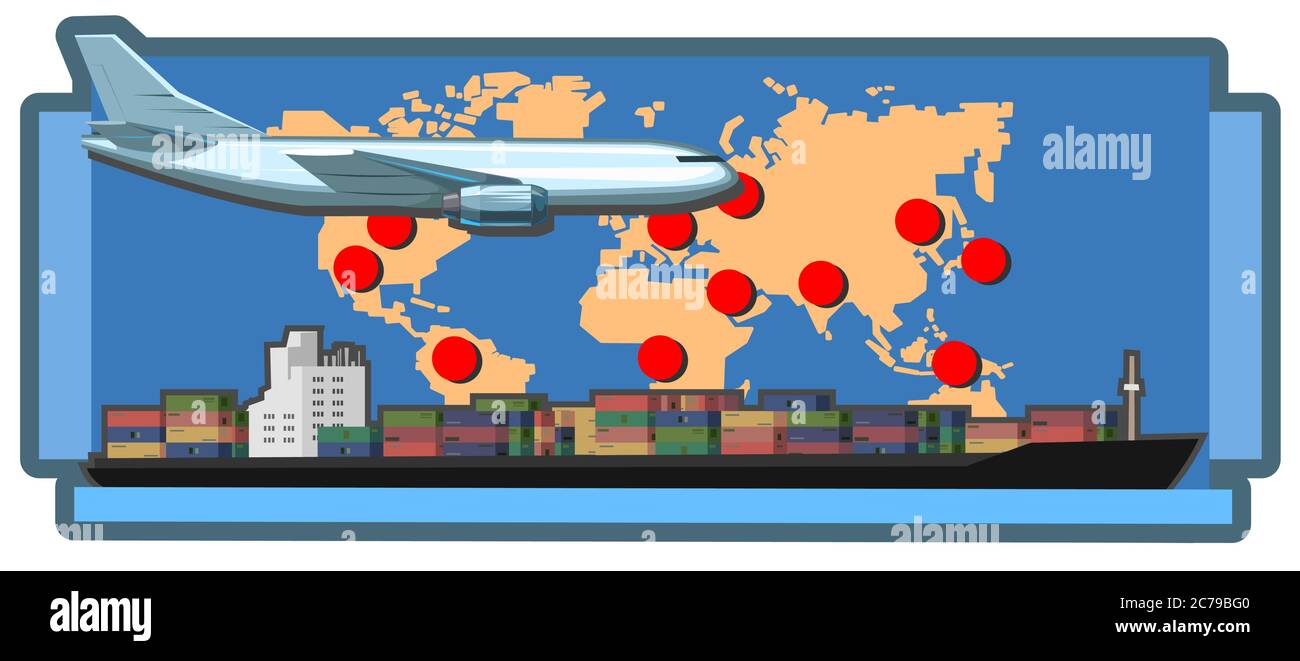 Internationale Logistikbranchen. Vektorgrafik. Logistikdienstleister. Weltkarte mit den Marken der Repräsentanz des Unternehmens. Transkontinent Stock Vektor