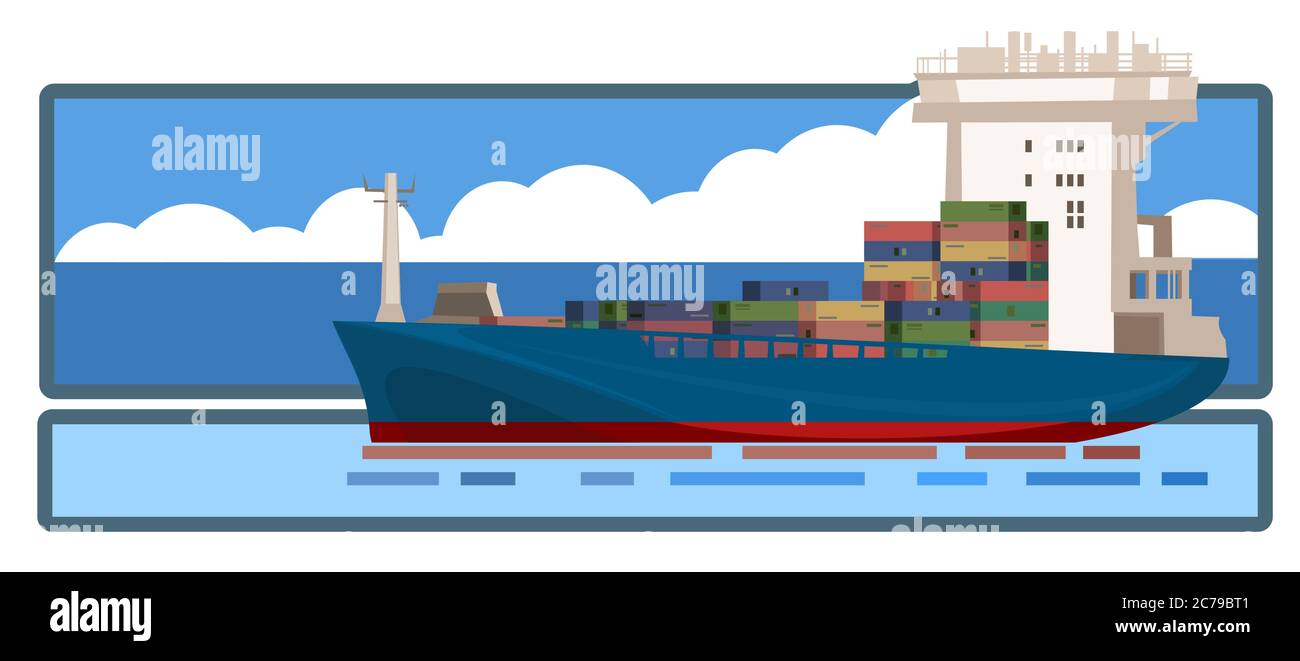 Wasserlogistik. Vektorgrafik. Meer, Meer und Fluss Transport. Versand von Containern. Große und kleine Gefäße. Be- und Entladen am Hafen. Stock Vektor