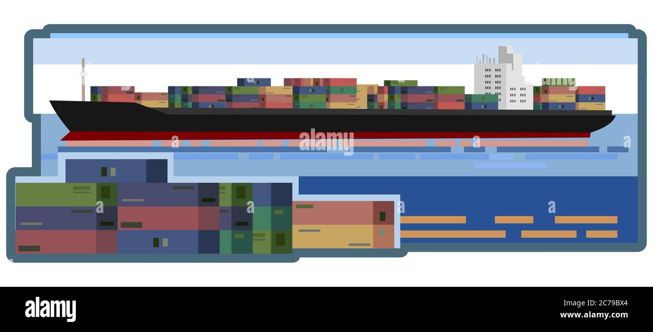 Internationale Seelogistik. Vektorgrafik. Lieferung von Waren durch Interkontinentalverkehr. Fracht. Container Port Service. Das Bild für Th Stock Vektor