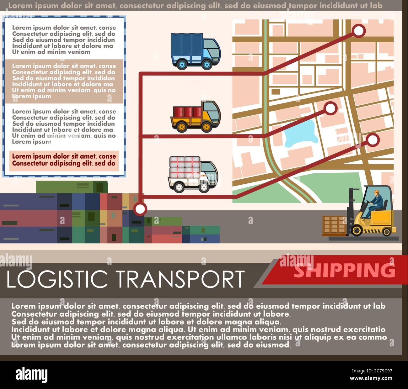 Lagerdienstleistungen und gezielte Lieferung von Waren, Sendungen. Vektor. Plakat für logistische Transportunternehmen. Es gibt Platz für Texte über die Lagerung Stock Vektor