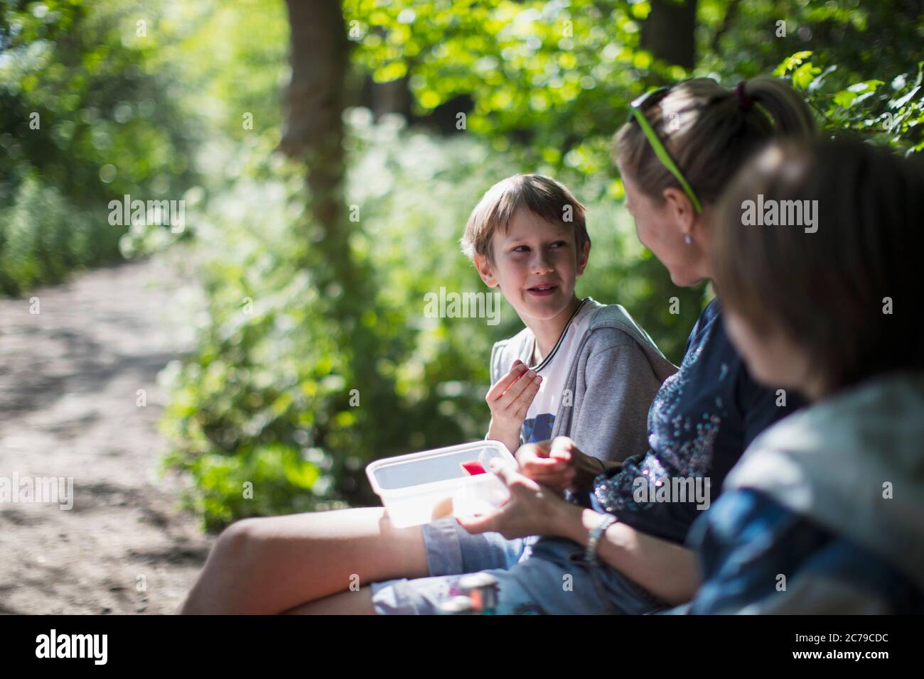 Mutter und Söhne genießen einen Snack im sonnigen Park Stockfoto