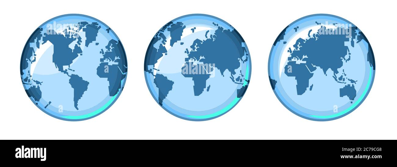 Globus, Karte der Erde. Eine Reihe von drei Optionen: Westliche Hemisphäre, Ost mit einem Zentrum in Europa und mit einem Zentrum in Asien. Original, Stock Vektor