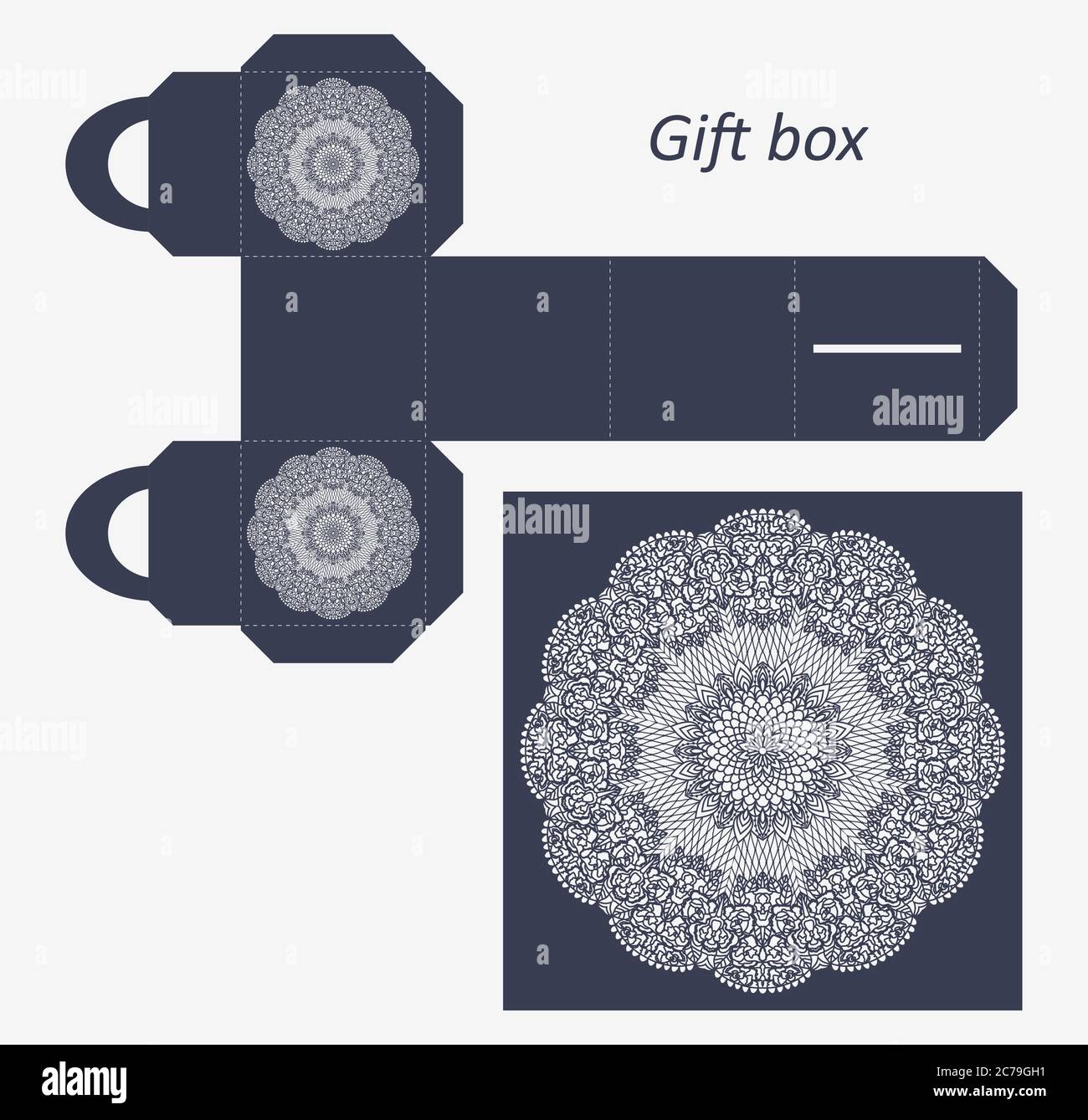 Durchbrochene Geschenkpapierbox mit einem Griff.Grußverpackung mit Spitzenmuster. Schablone präsentiert Verpackung, Muster geeignet für Laserschneiden Stock Vektor