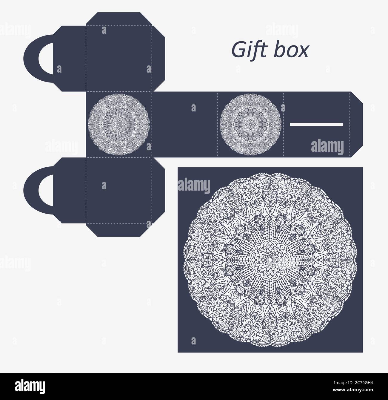 Durchbrochene Geschenkpapierbox mit einem Griff.Grußverpackung mit Spitzenmuster. Schablone präsentiert Verpackung, Muster geeignet für Laserschneiden Stock Vektor