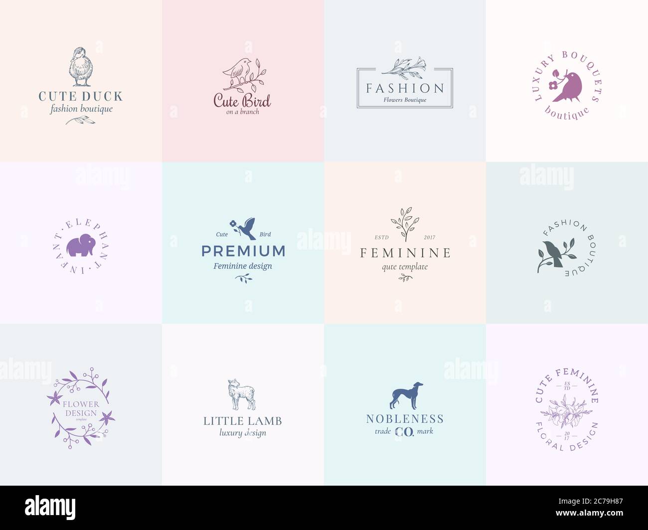 Zwölf abstrakte feminine Vektor-Zeichen oder Logo-Vorlagen Set. Retro-Blumendarstellung mit klassischer Typografie, Vögeln, Lamm, Ente, Hund und Elefant Stock Vektor