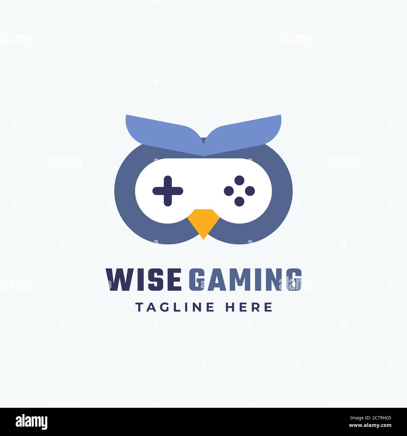 Wise Gaming Abstract Vektor-Zeichen, Symbol oder Logo-Vorlage. Flat Style Gamepad Icon Incorporated in einem Eulengesicht. Moderne Typografie. Gut fürs Spiel Stock Vektor