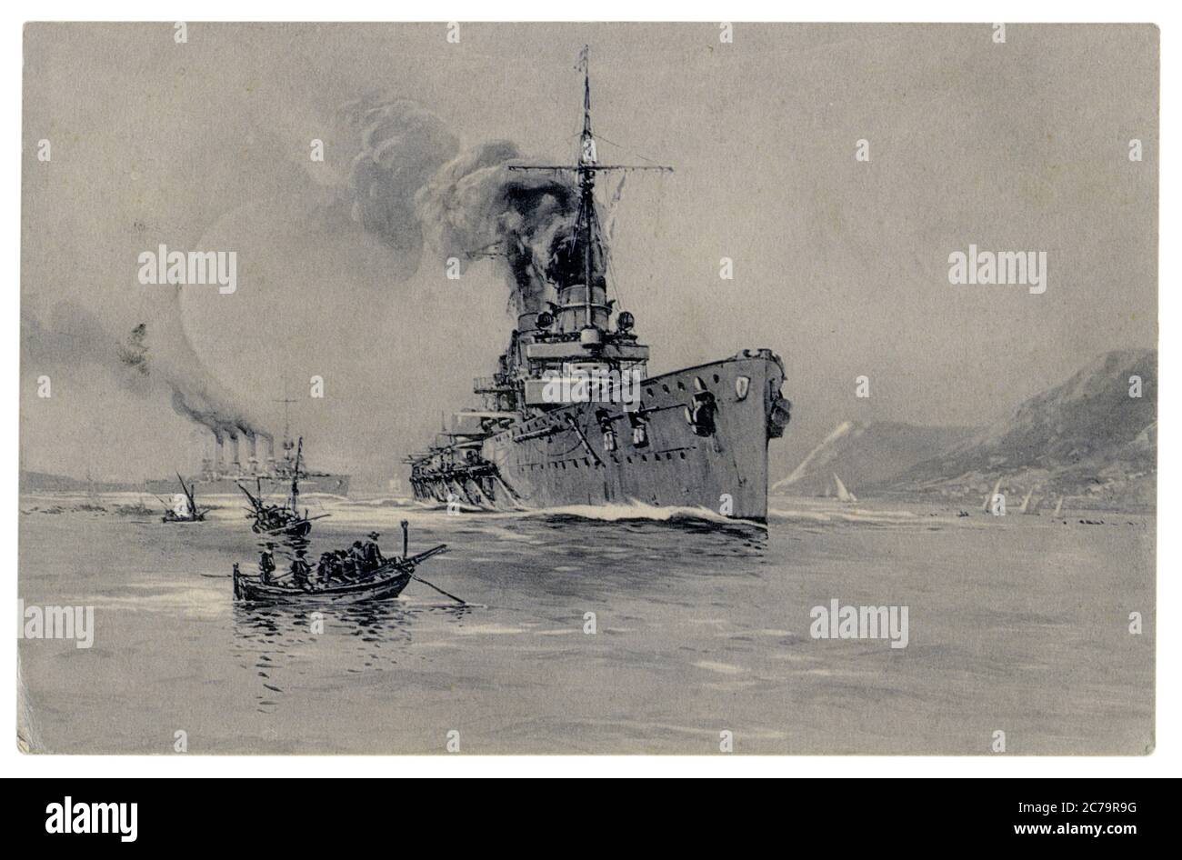 Historische Postkarte: Moltke-Klasse Schlachtschiff SMS Goeben (1911) und Magdeburger Kreuzer SMS Breslau (1911), 1. Weltkrieg 1914-1918. Stockfoto