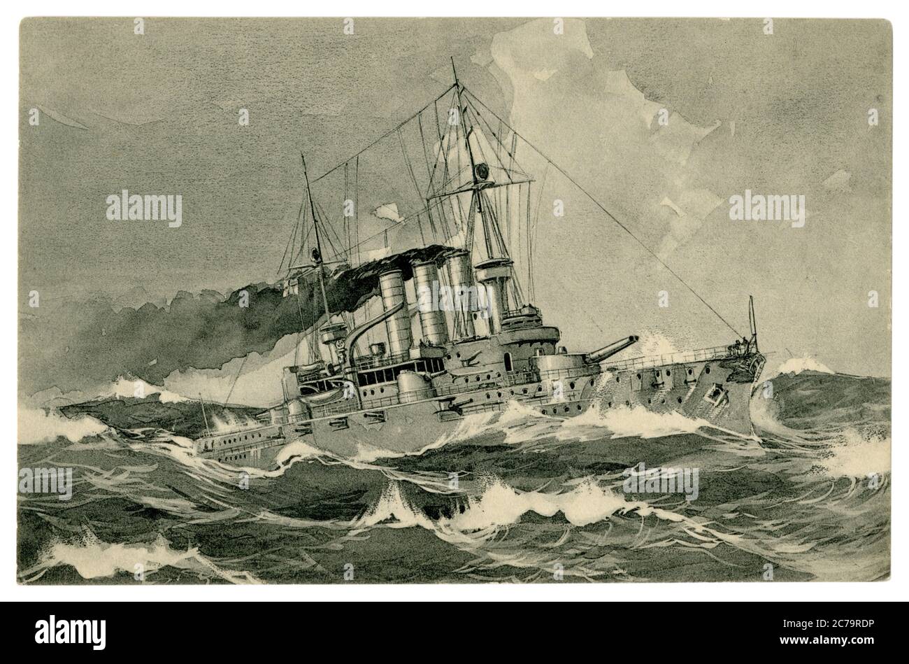 Deutsche historische Postkarte: Kriegsschiff der deutschen Reichsmarine (Kaisermarine) ist bei voller Geschwindigkeit puffend schwarzen Rauch in einer stürmischen See, Deutschland, 1900er Stockfoto