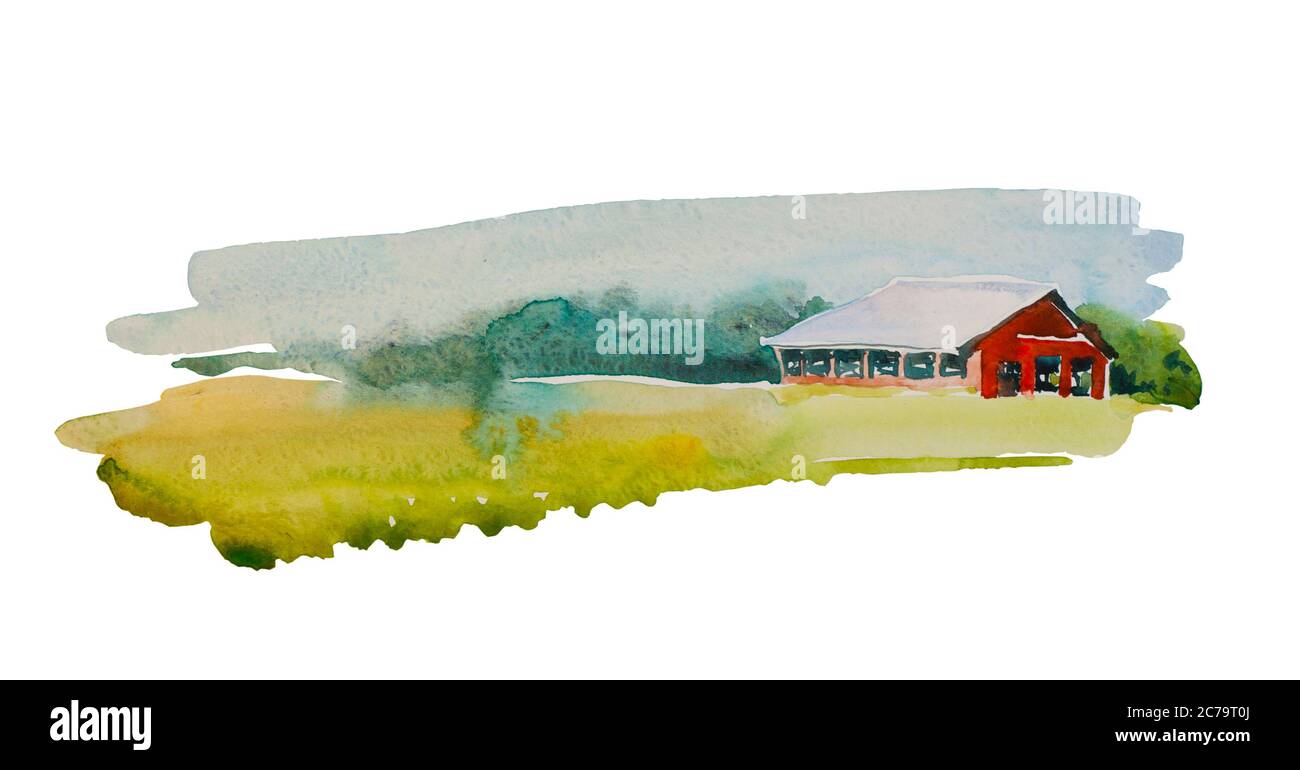 Traditionelle Vintage Red Farm Scheune. Original einfache Aquarell-Hintergrund-Illustration des landwirtschaftlichen Gebäudes in der Wiese Stockfoto