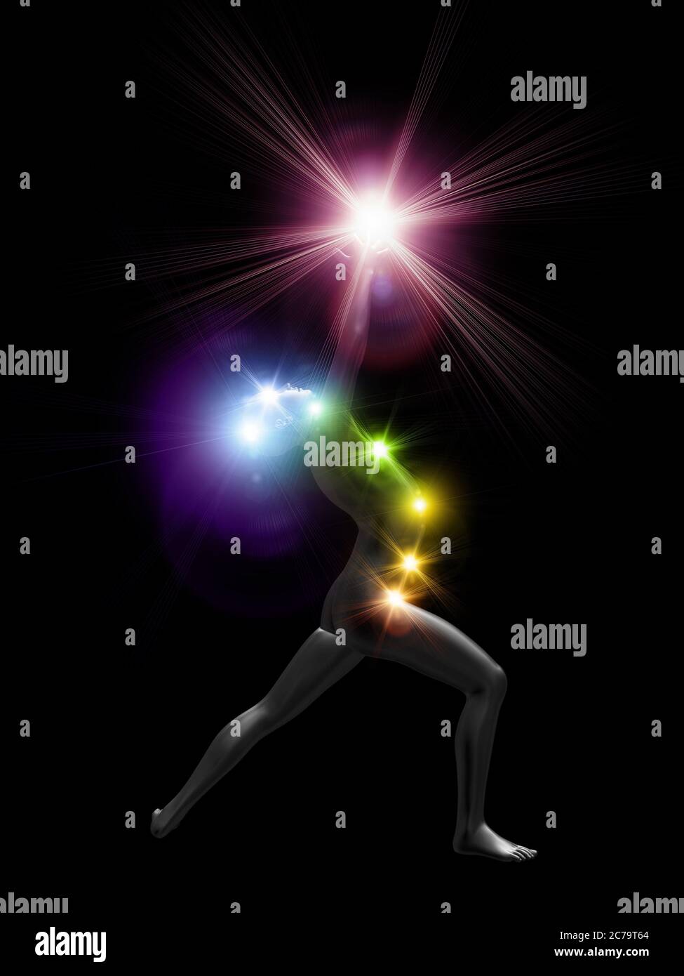 Digital gerenderte 3d-Illustration des menschlichen Maneken in Yoga-Position mit leuchtenden Chakren Hintergrund. Stockfoto