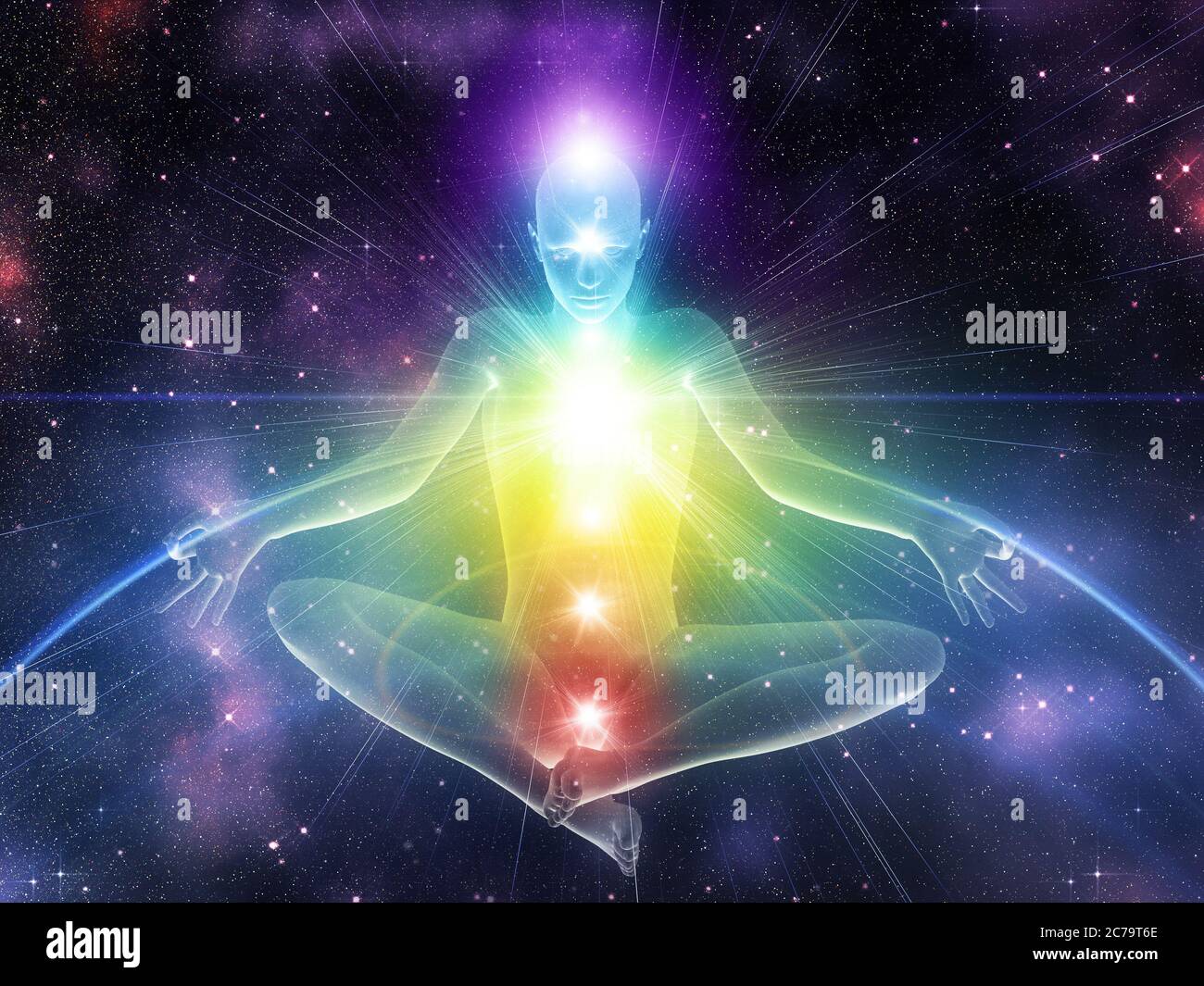 Digital gerenderte 3d-Illustration des menschlichen Maneken in Yoga-Position mit leuchtenden Chakren Hintergrund. Stockfoto