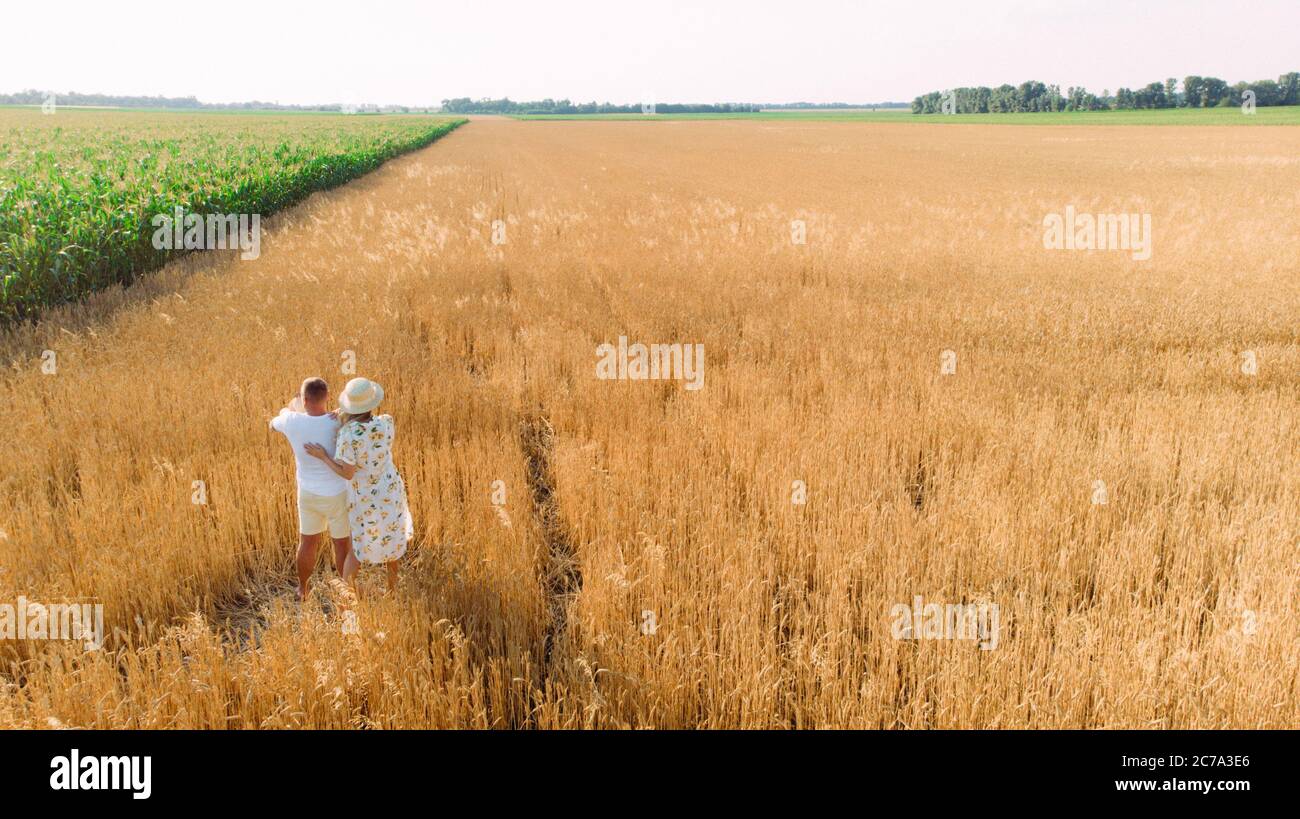 Glückliche junge Familie geht in gelben Weizenfeld in der Nähe von Mais mit Baby. Speicherplatz kopieren. Stockfoto