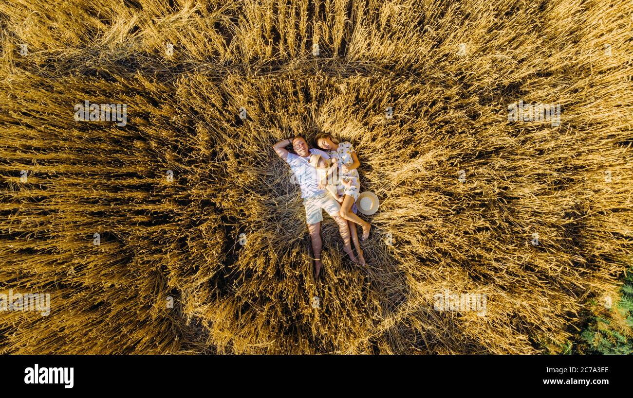 Blick von Drohne zu glücklicher junger Familie liegen und ruhen zwischen gelben Weizenfeld mit Baby. Stockfoto