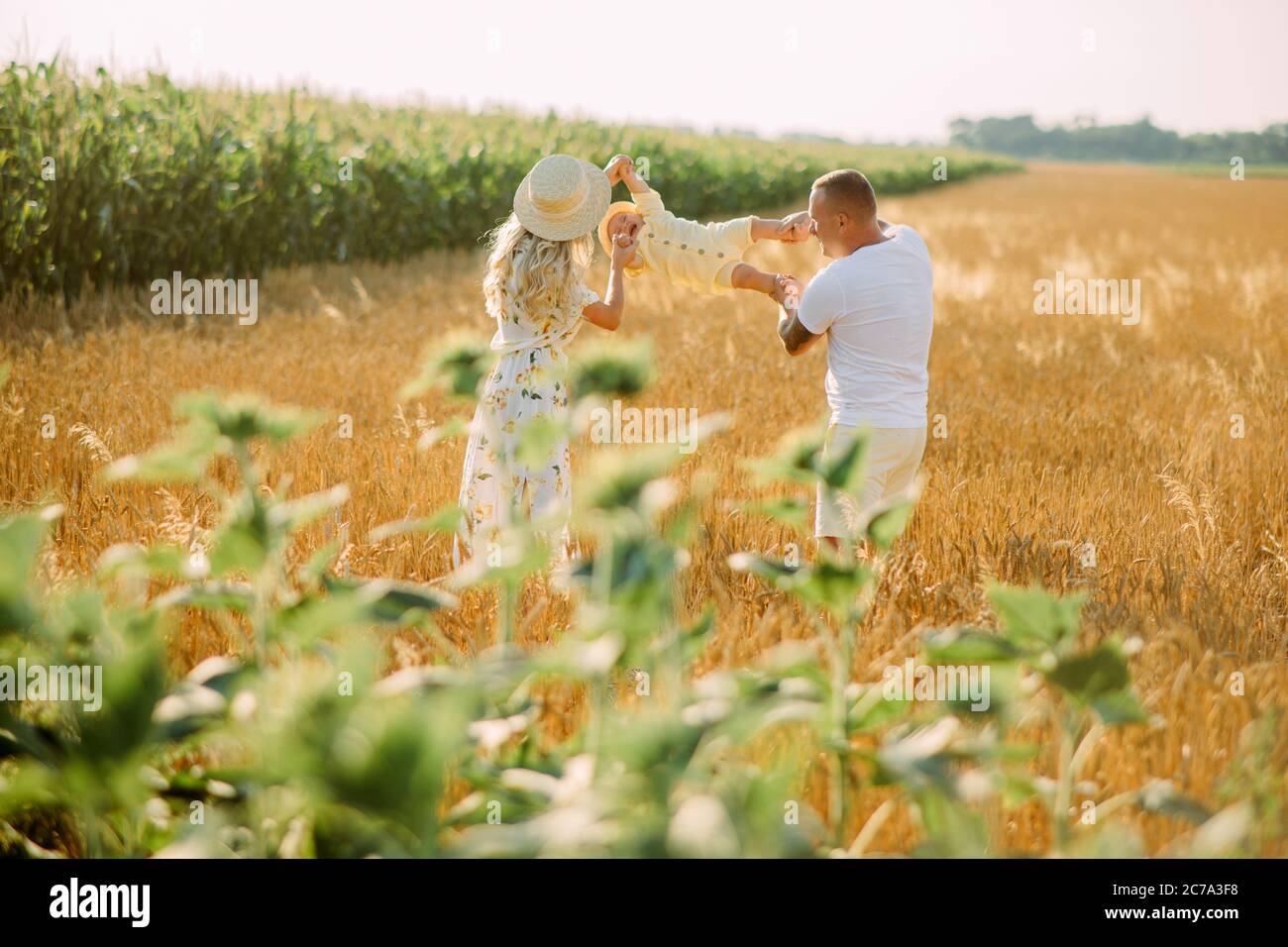 Glückliche junge Familie hat Spaß und spielt mit ihrem Baby unter gelben Weizenfeld. Stockfoto
