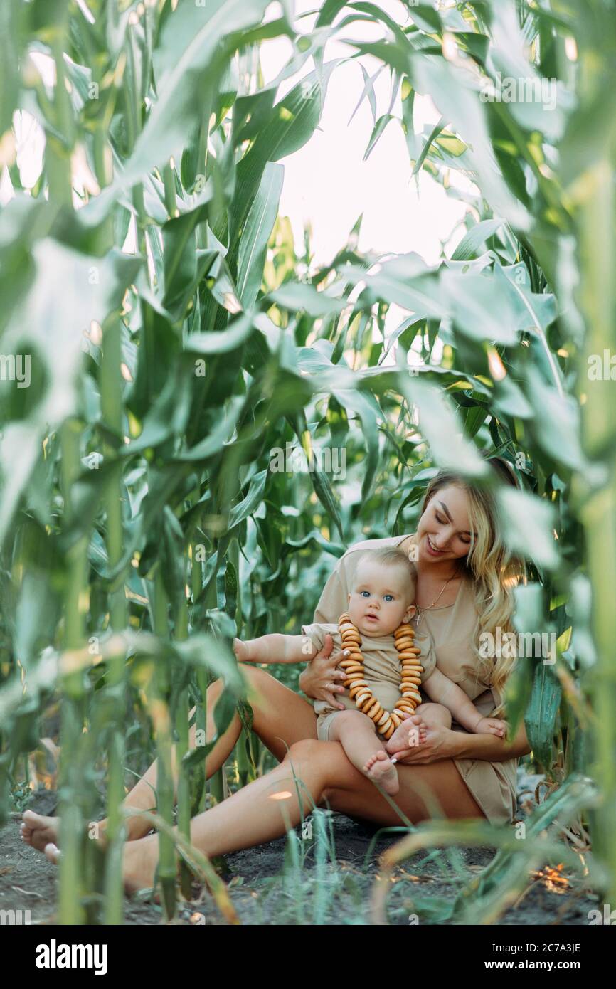 Glückliche junge Mutter hat Spaß und spielt mit ihrem Baby im Maisfeld. Stockfoto