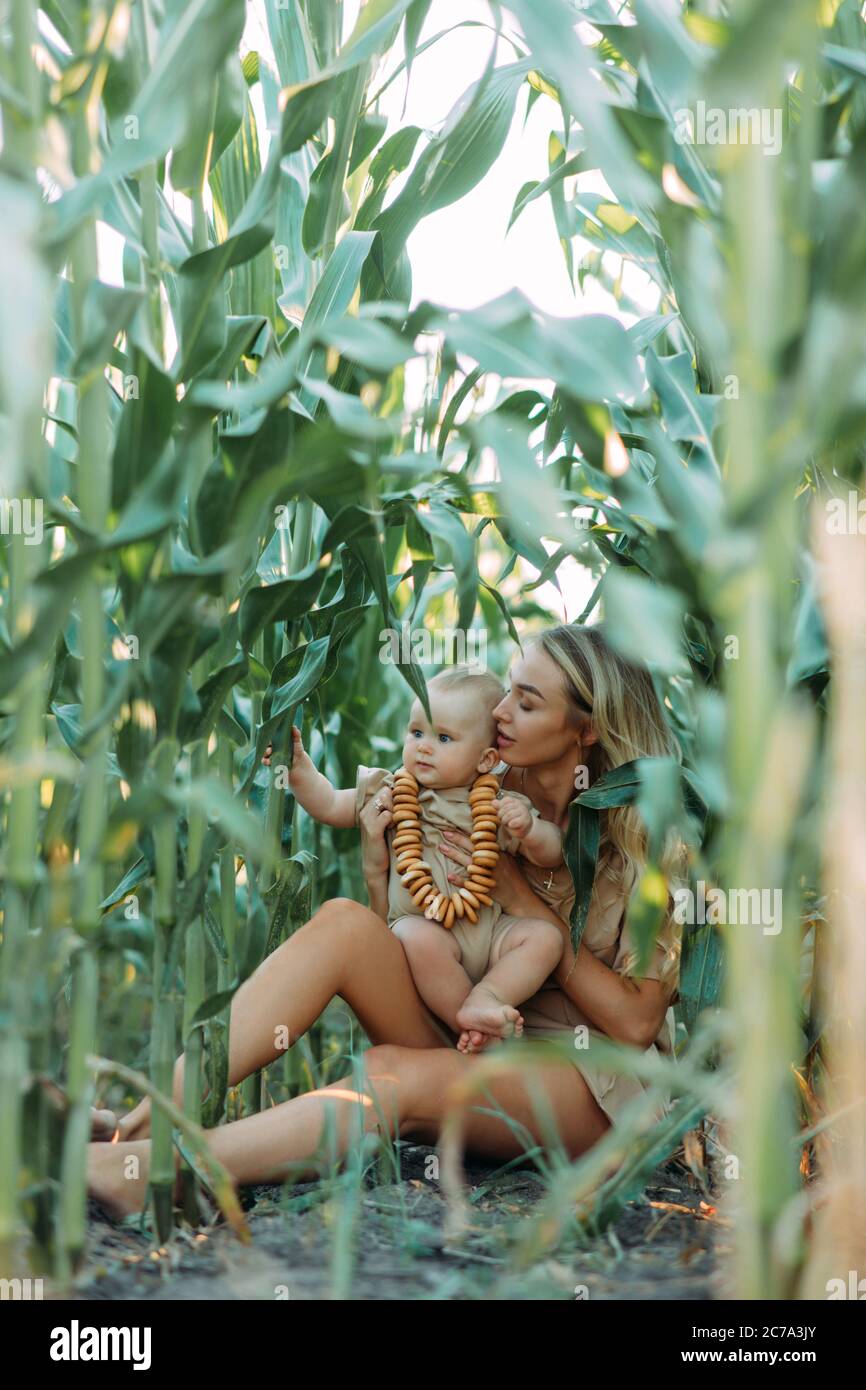 Glückliche junge Mutter hat Spaß und spielt mit ihrem Baby im Maisfeld. Stockfoto