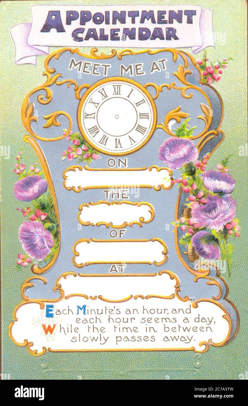 Bildhafter Termin Kalenderpostkarte mit Rohlingen für Details, die um 1905 von Birn Brothers veröffentlicht werden Stockfoto