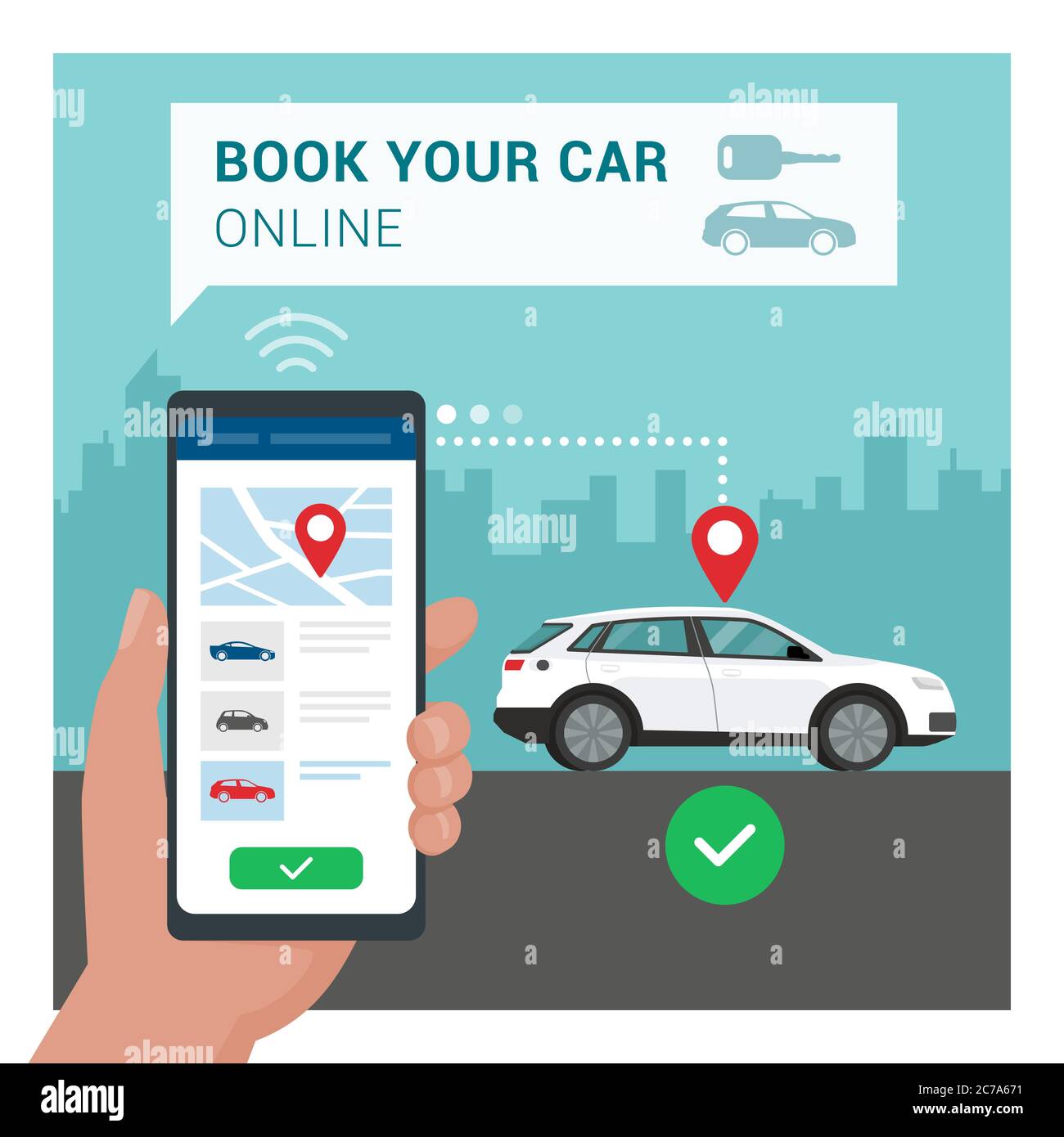 Mietwagen-App: Auto auf der Stadtstraße geparkt, Mann hält ein Smartphone und buchen das Fahrzeug Stock Vektor