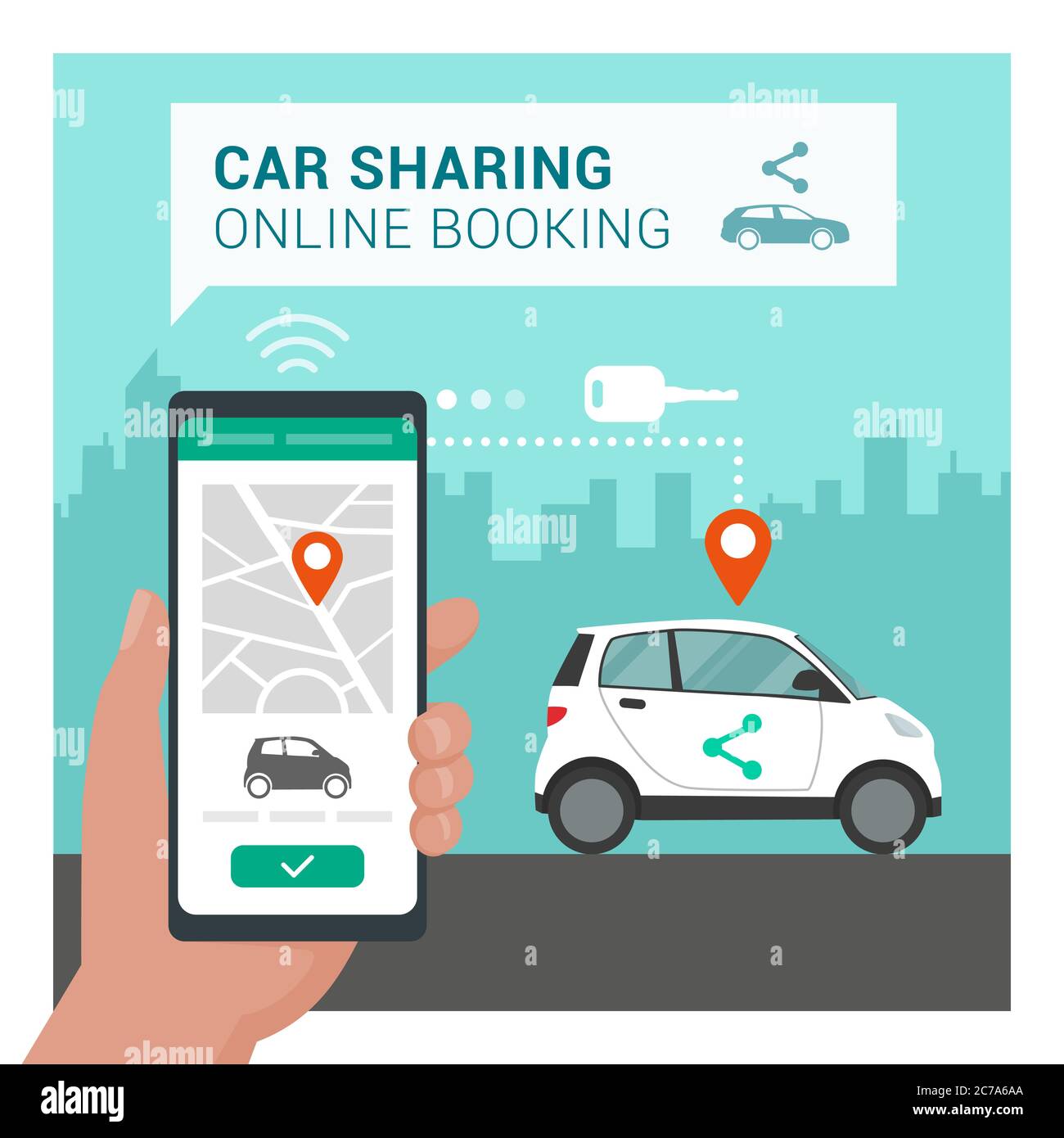 Car Sharing App: Mann, der sein Auto online mit einer mobilen App bucht Stock Vektor