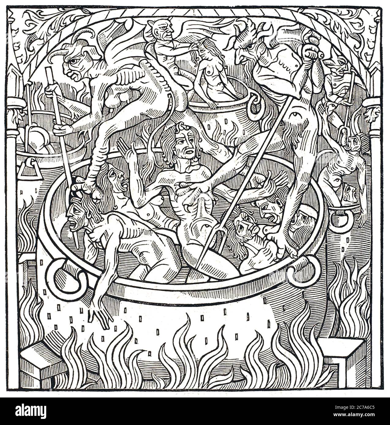 SÜNDER werden in einem Stich um 1560 in brennende Bottiche gezwungen Stockfoto