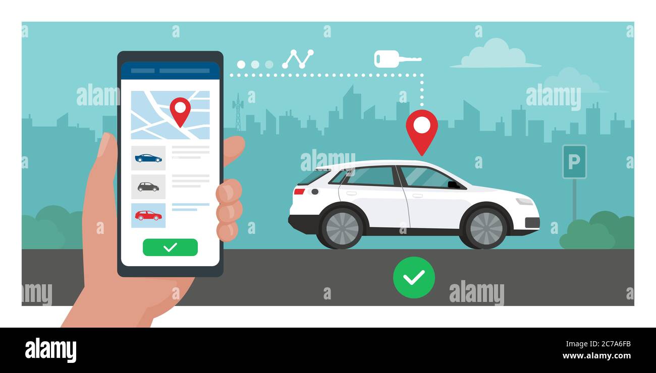 Mietwagen-App: Auto auf der Stadtstraße geparkt, Mann hält ein Smartphone und buchen das Fahrzeug Stock Vektor