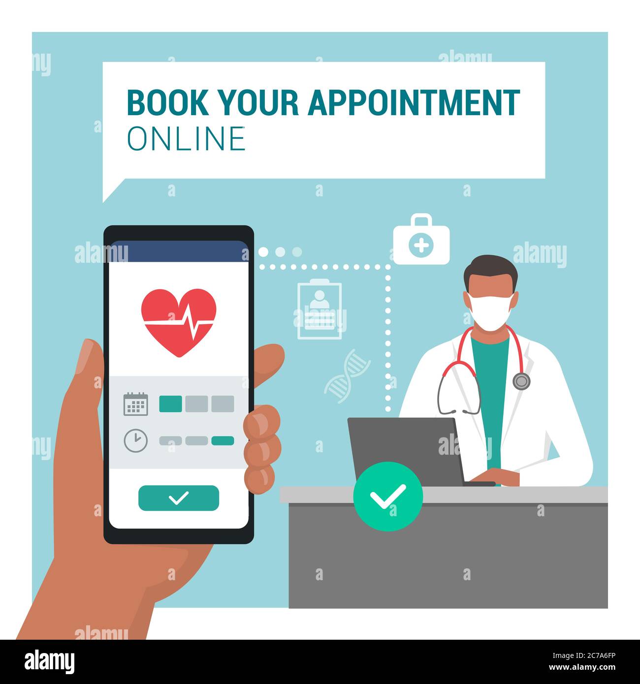 Buchen Sie Ihren Arzttermin online über eine mobile App, der Arzt sitzt im Hintergrund am Schreibtisch und trägt eine Gesichtsmaske Stock Vektor