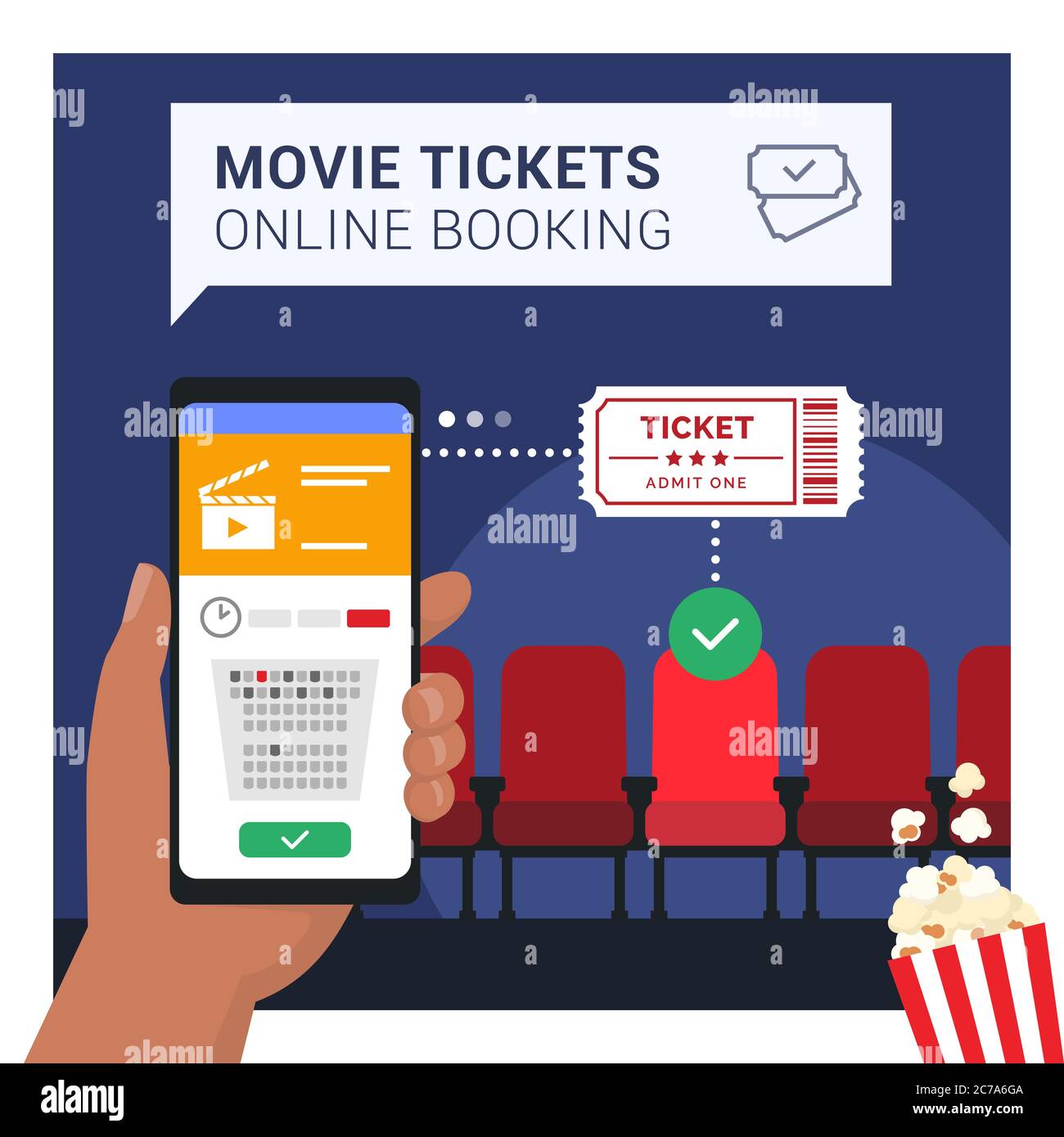 Kinokarten online buchen auf Smartphone-App: Hand halten ein Handy und kaufen ein Ticket, Kino Sitze im Hintergrund Stock Vektor