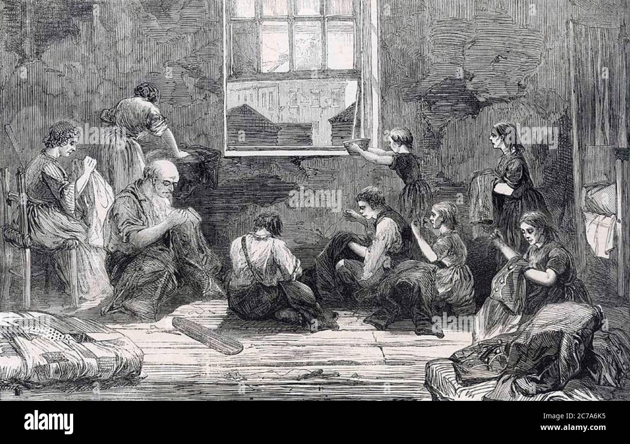 MILITÄRSCHNEIDER und seine Familie nähen Uniformen auf 10 Hollybush Place, London, um 1850. Die Adresse befindet sich jetzt im Stadtteil Tower Hamlets. Stockfoto