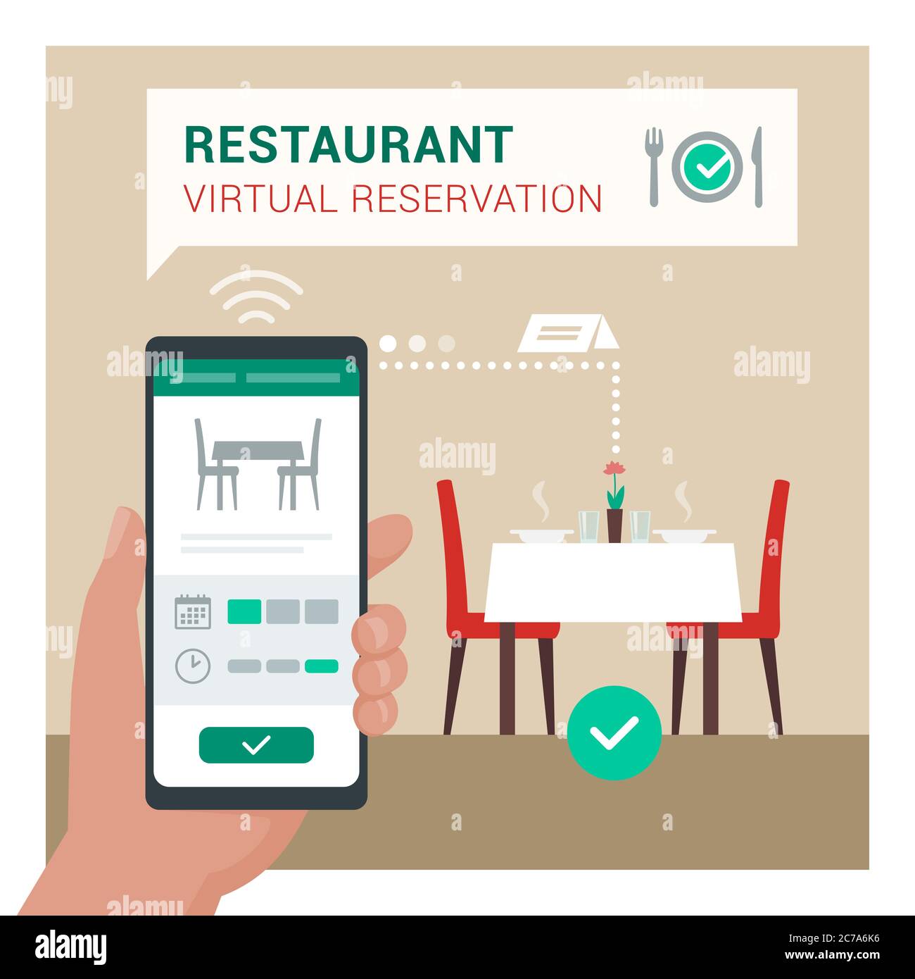 Virtuelle Reservierung Restaurant: Benutzer, der einen Tisch im Restaurant über eine mobile App auf seinem Smartphone bucht Stock Vektor