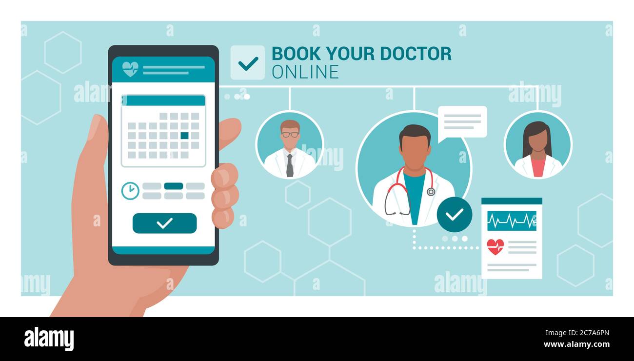 Buchen Sie Ihren Arzt online: Patient, der seinen Termin mit einem Arzt über eine mobile App, Gesundheits- und Technologiekonzept bucht Stock Vektor