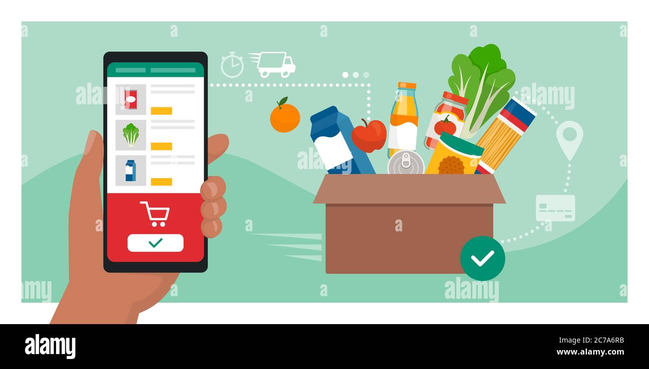 Online-Lebensmitteleinkauf: Benutzer, der Lebensmittel online über eine mobile App bestellt, Box mit frischen Lebensmitteln im Hintergrund, Konzept der Lebensmittelzustellung Stock Vektor Online-Lebensmitteleinkauf: Benutzer, der Lebensmittel online über eine mobile App bestellt, Box mit frischen Lebensmitteln im Hintergrund, Konzept der Lebensmittelzustellung Stock Vektor