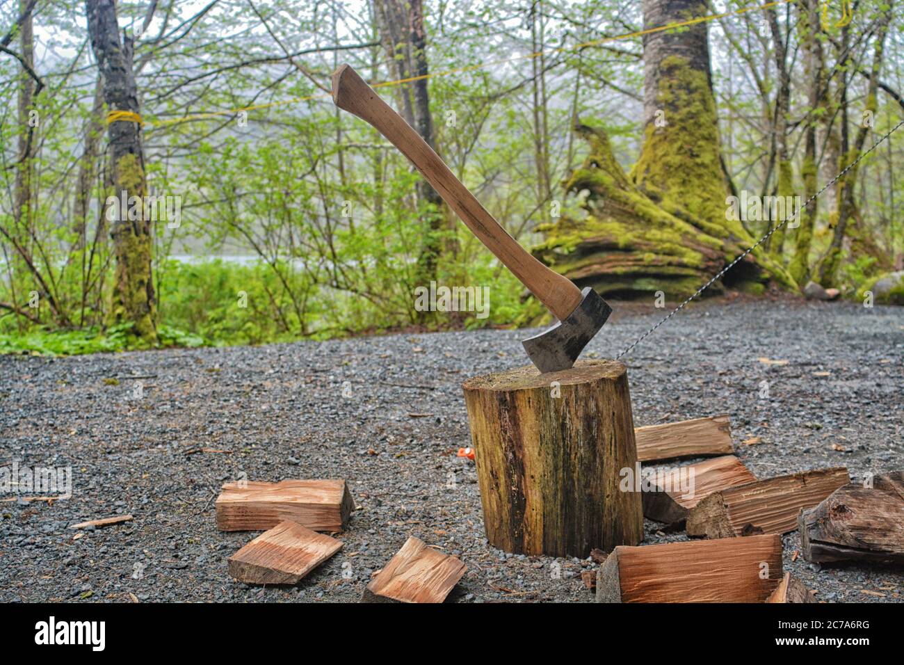 Eine Axt eingebettet in einen Holzstumpf mit frisch gehacktem Brennholz, das sie auf einem kiesbedeckten Campingplatz umgibt. Stockfoto