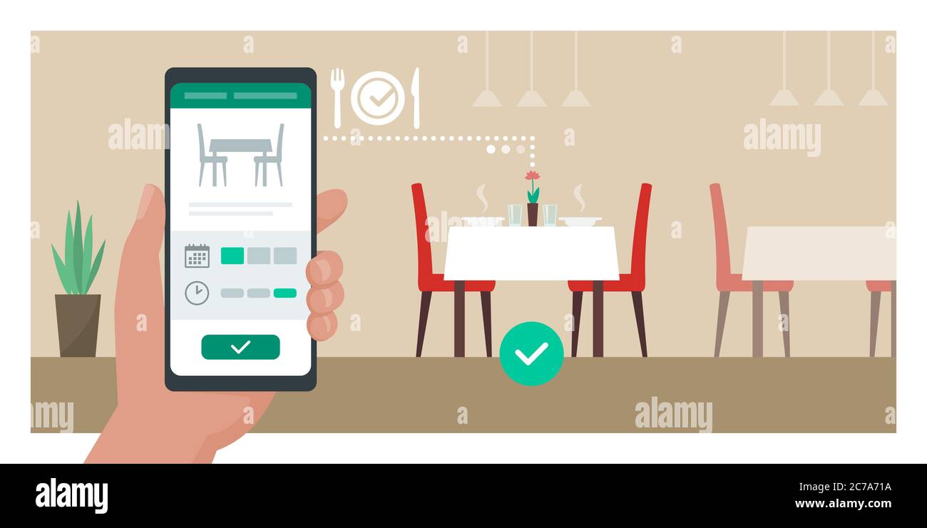 Virtuelle Reservierung Restaurant: Benutzer, der einen Tisch im Restaurant über eine mobile App auf seinem Smartphone bucht Stock Vektor