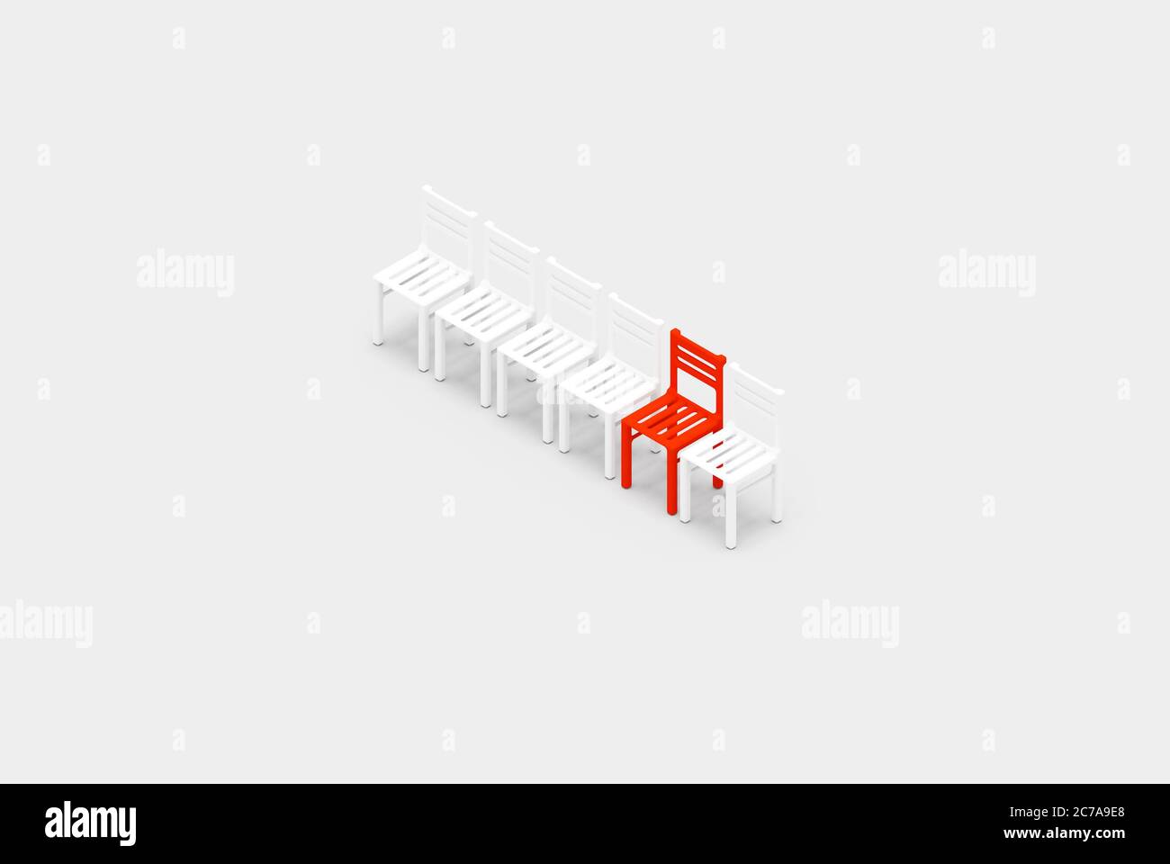 Einzigartige rote Stuhl in einer Reihe von weißen Stühlen, Unterschied, Individualität und Erfolg Design Konzept Idee 3D-Illustration Stockfoto