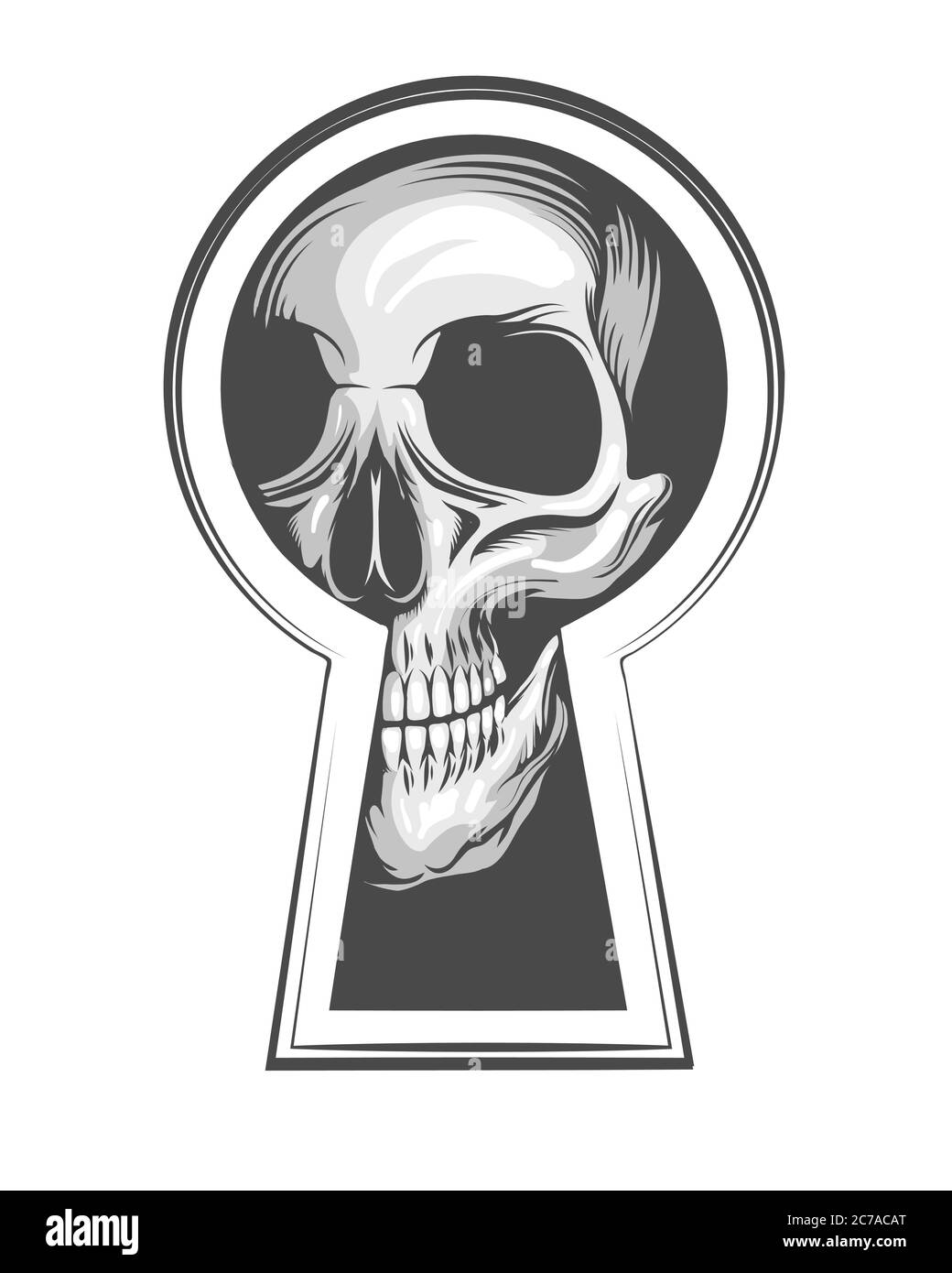 Menschlicher Schädel Schaut Durch Schlüsselloch. Vektor-Illustration im Tattoo-Stil. Stock Vektor