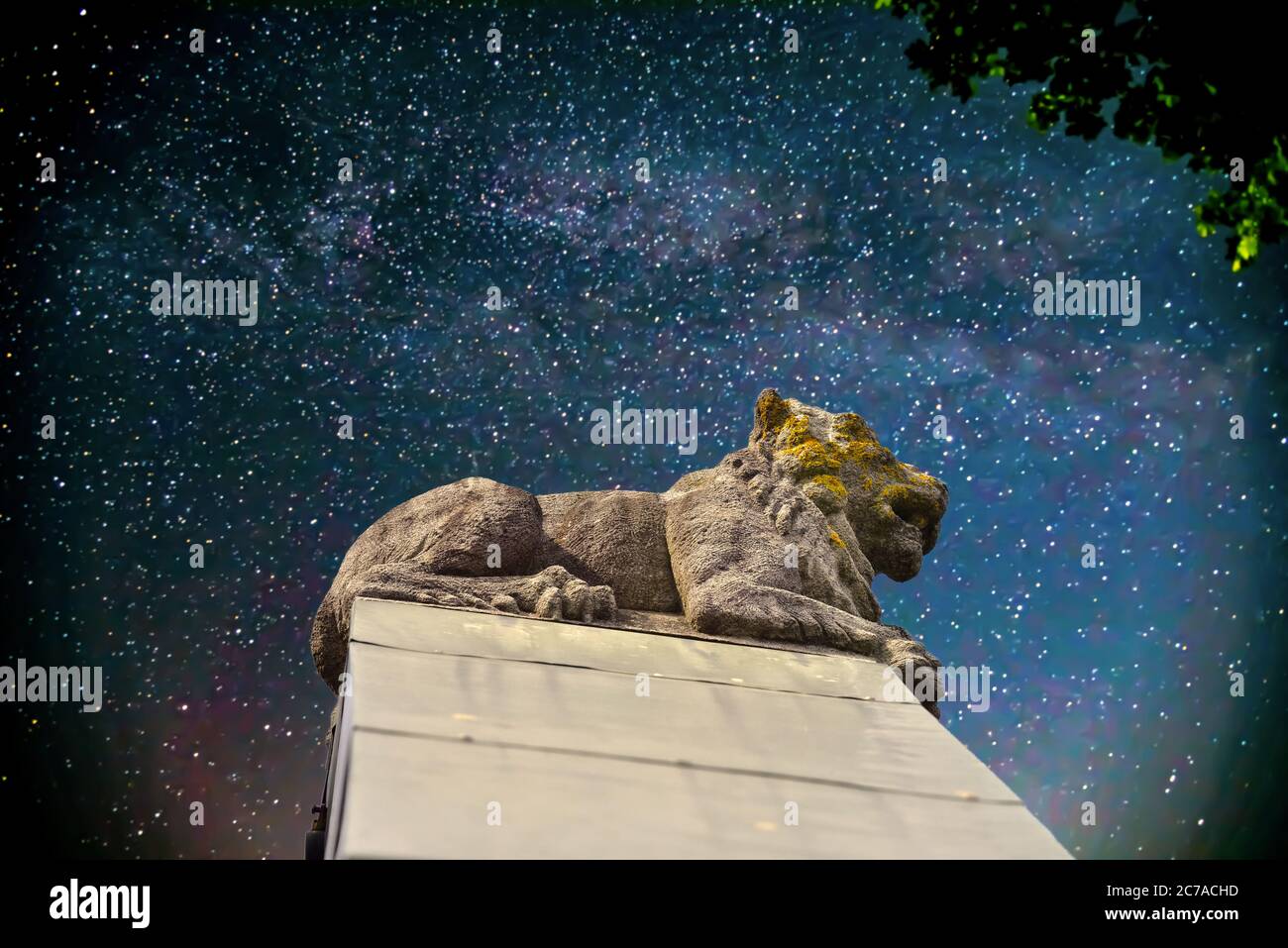 Alte Steinstatue eines Löwen auf Schloss Brenz, Milchstraßendalaxie im Hintergrund, Sontheim, Schwäbische Alb, Deutschland, Europa, Sommernacht Stockfoto