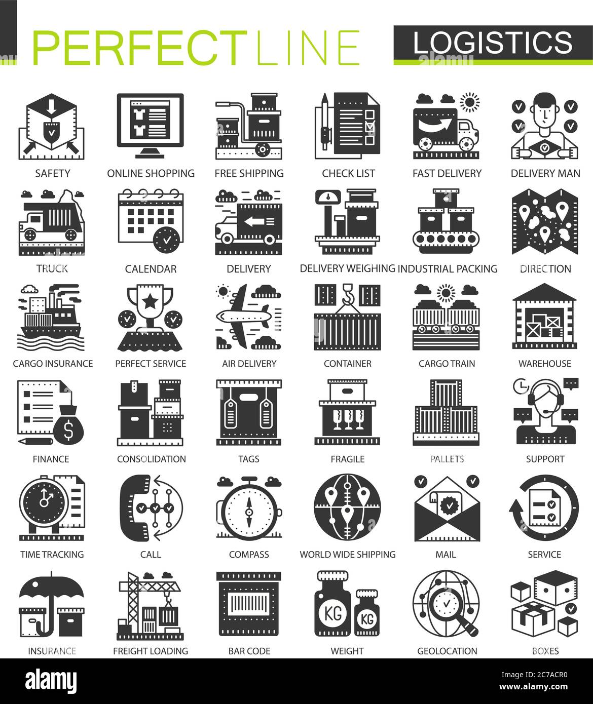 Logistik Transport schwarz Mini-Konzept-Symbole und Infografik-Symbole Stock Vektor