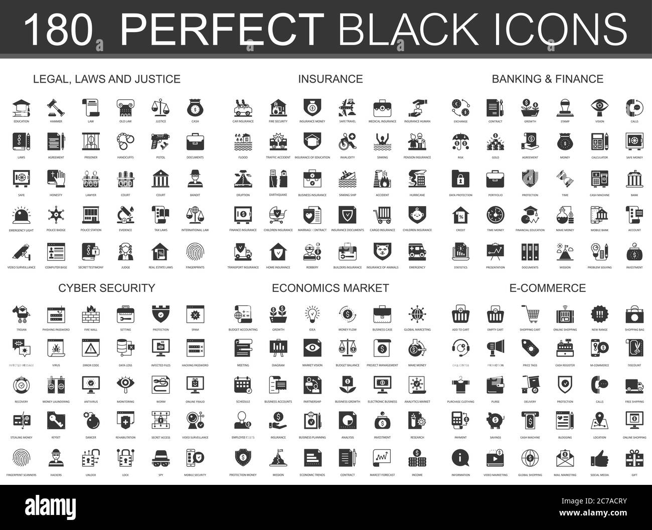 Recht, Gesetze, Justiz, Versicherung, Bankwesen Finanzen, Cyber-Sicherheit, Wirtschaft Markt und E-Commerce schwarz Mini-Konzept Symbole. Modernes Vektorsymbol Piktogramm Stock Vektor