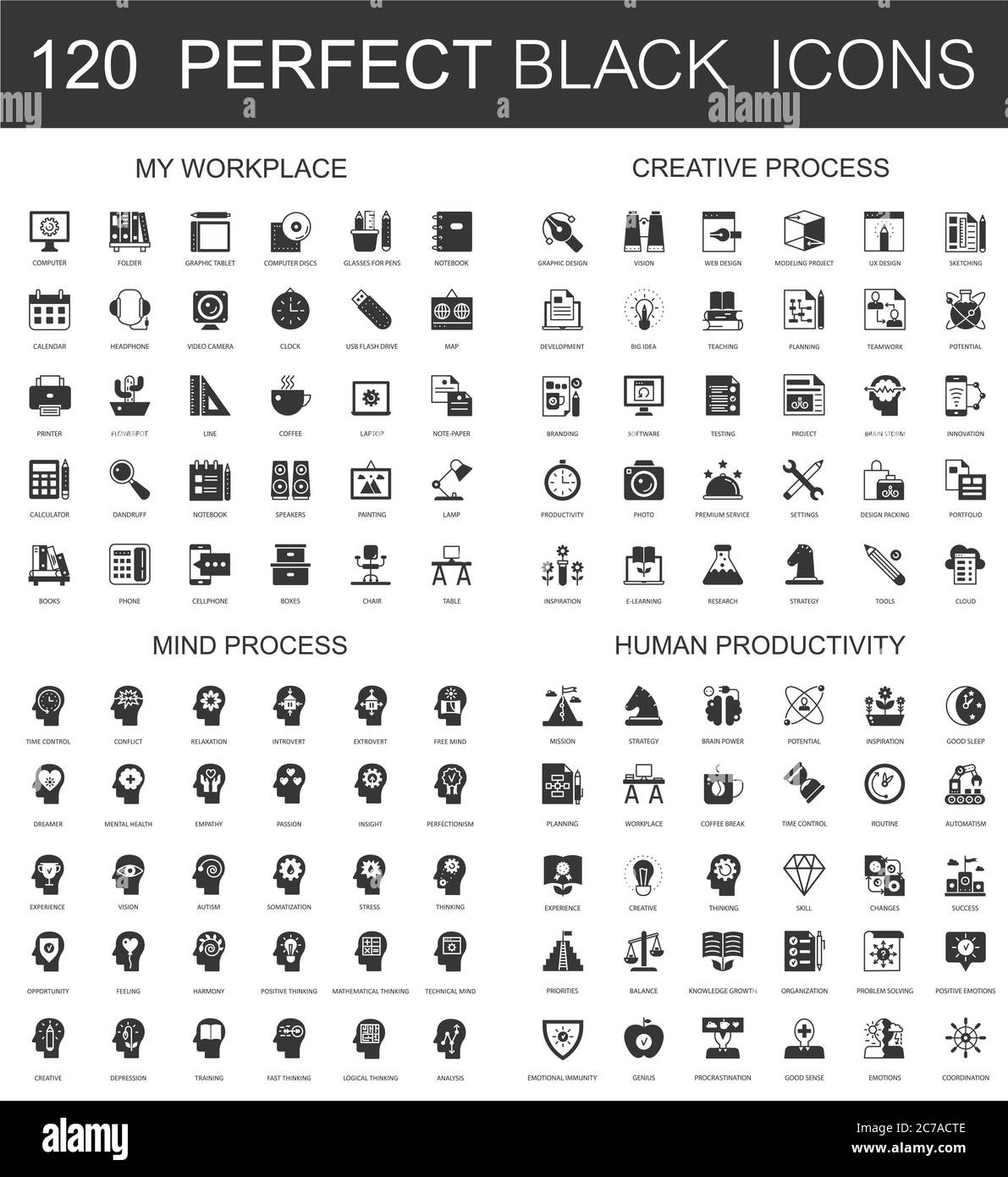 Mein Arbeitsplatz, kreativen Prozess, Geist Prozess, menschliche Produktivität schwarze Mini-Konzept Symbole. Stock Vektor