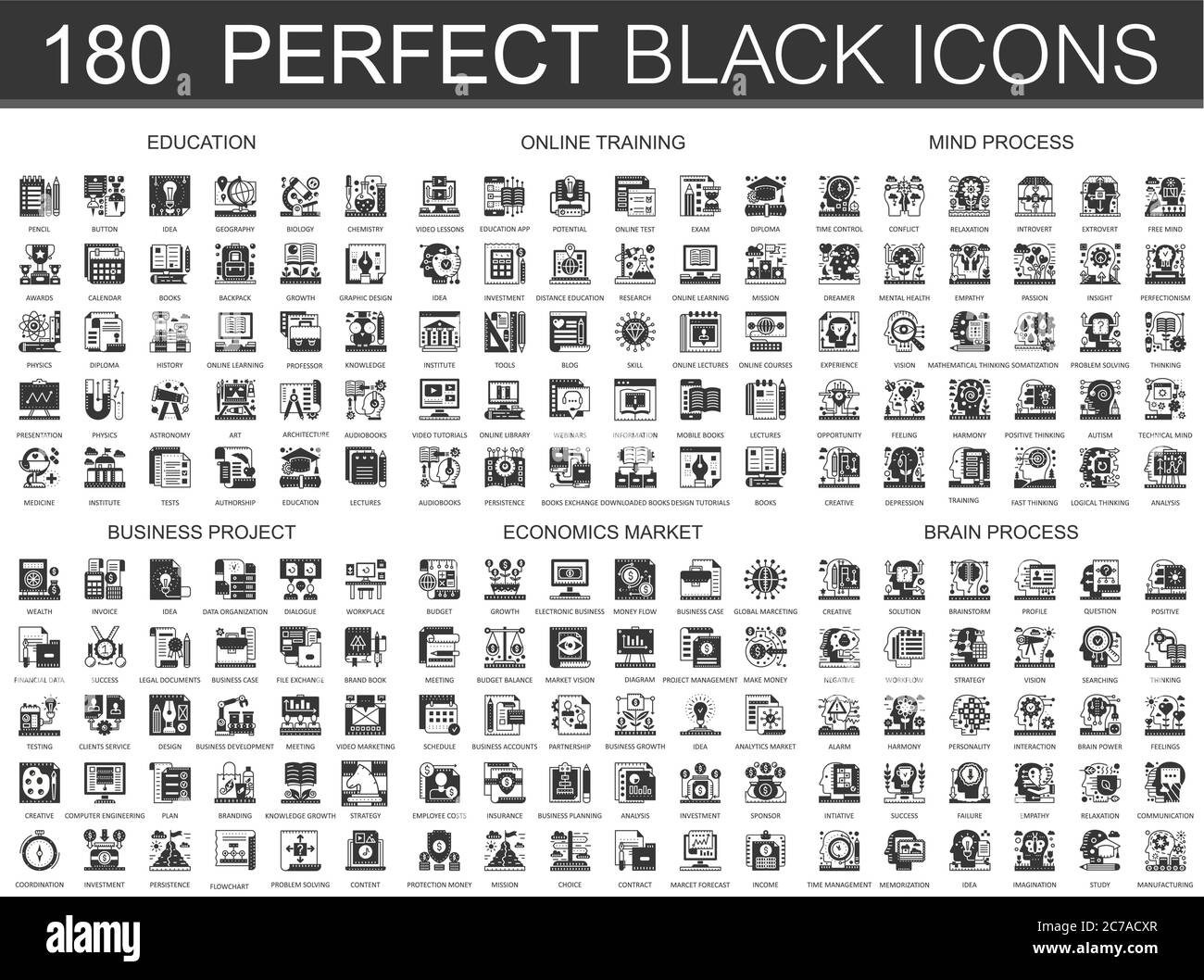 180 Bildung, Online-Lernen, Gehirn Mind Prozess, Business-Projekt, Wirtschaft Markt Symbole klassische schwarze Mini-Konzept-Symbole. Vektor modernes Icon Piktogramm Illustrationen Set Stock Vektor
