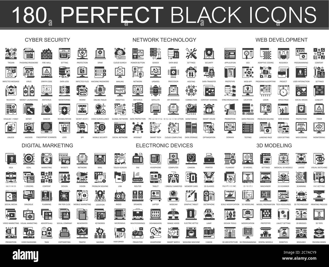 180 Cyber-Sicherheit, Netzwerktechnik, Web-Entwicklung, digitales Marketing, elektronische Geräte, 3d-Modellierung klassische schwarze Mini-Konzept-Symbole. Vektor modernes Icon Piktogramm Illustrationen Set Stock Vektor