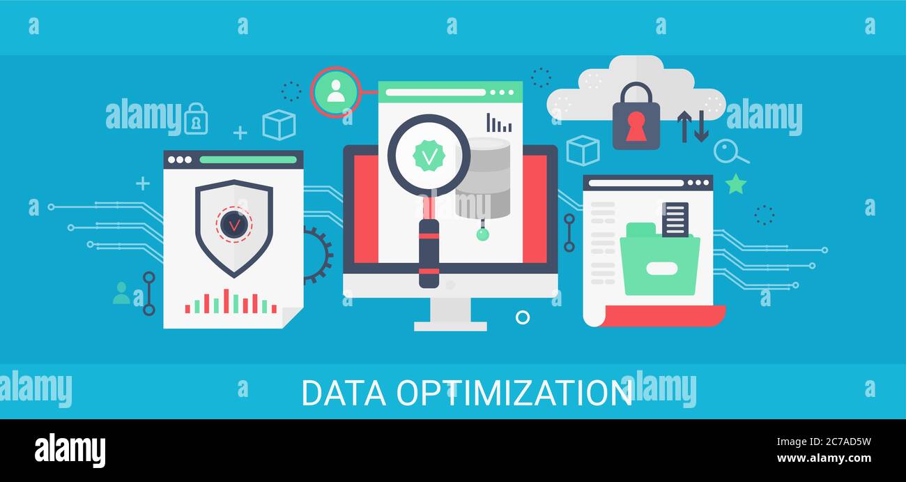Flaches modernes Vektor-Konzept Datenoptimierungs-Banner mit Icons und Text Stock Vektor