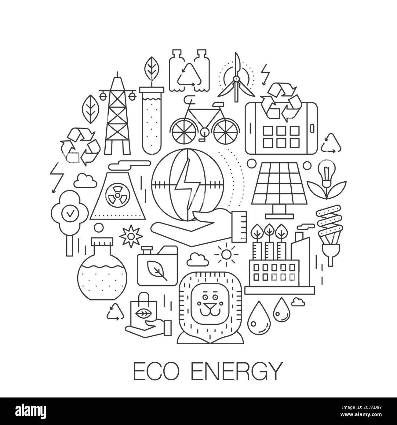 Eco Energy im Kreis - Konzept Liniendarstellung für Deckel, Emblem, Abzeichen. Grüne energgy dünne Linie Schlaganfall Symbole Stock Vektor