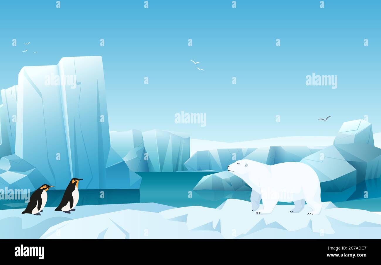 Cartoon Natur Winter arktische Eislandschaft mit Eisberg, Schnee Berge Hügel. Weißer Bär und Pinguine. Vektor Spiel Stil Illustration Stock Vektor