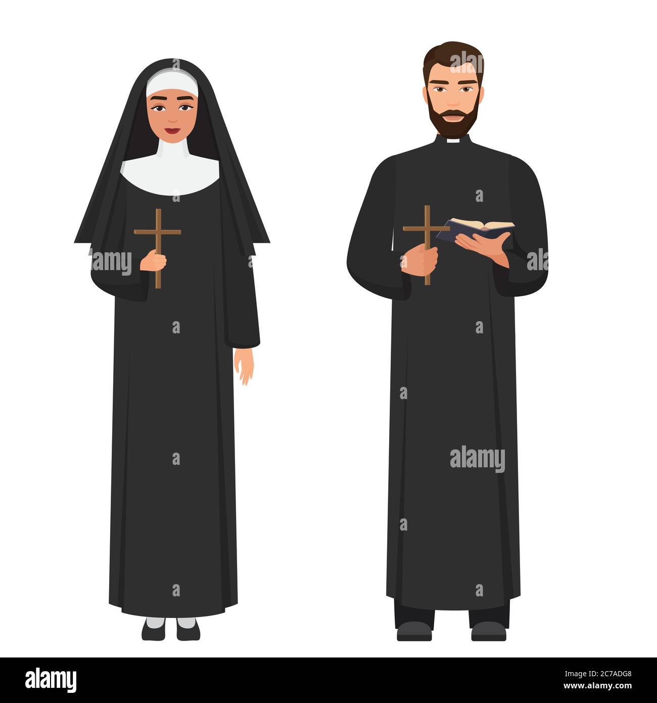 Vektor Katholischer Priester und Nonne mit Kreuzbrühe. Flache Cartoon-Vektor-Illustration. Stock Vektor