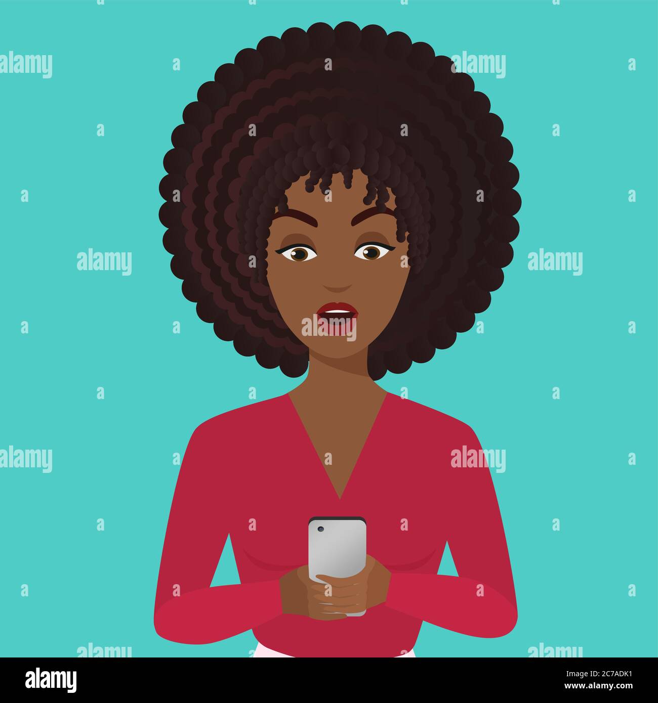 Stilvolle überrascht Büro afroamerikanischen schwarzen jungen Frau mit Smartphone. Mädchen, die Smartphone Stock Vektor