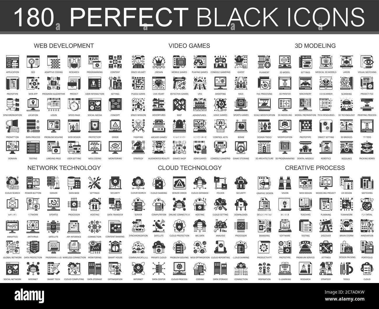 180 Web-Entwicklung, Videospiele, 3d-Modellierung, Netzwerktechnologie, Cloud-Datentechnologie, kreative Prozess klassische schwarze Mini-Konzept-Symbole. Vektor modernes Icon Piktogramm Illustrationen Set Stock Vektor