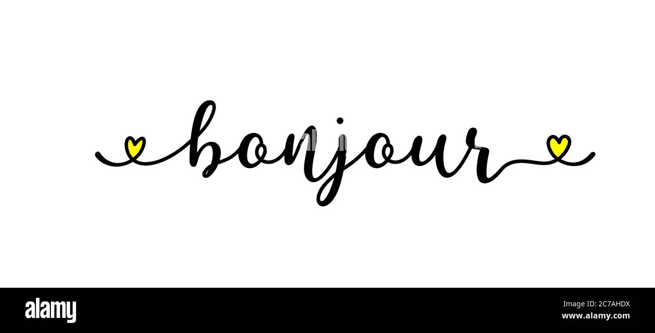 Handskizzierte BONJOUR Zitat in Französisch als Anzeige, Web-Banner. Übersetzt HALLO. Schriftzug für Banner, Header, Karte, Poster, Flyer Stock Vektor