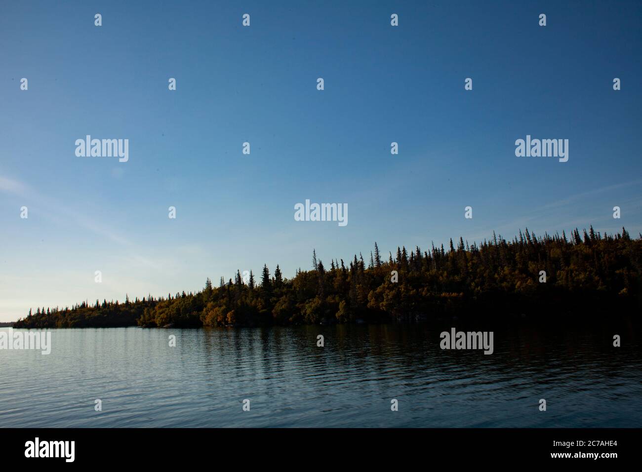 Unberührter Alaska See mit ruhigem, reflektierendem Wasser, das schroffe Berge unter einem klaren Himmel spiegelt und die unberührte Gelassenheit der Wildnis einfängt. Stockfoto