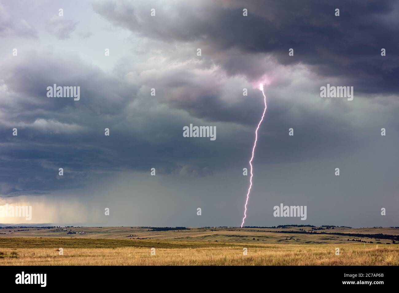 Starker Blitz aus einem Gewitter mit dunklen Regenwolken und stürmischem Himmel in der Nähe von Hartley, Texas Stockfoto
